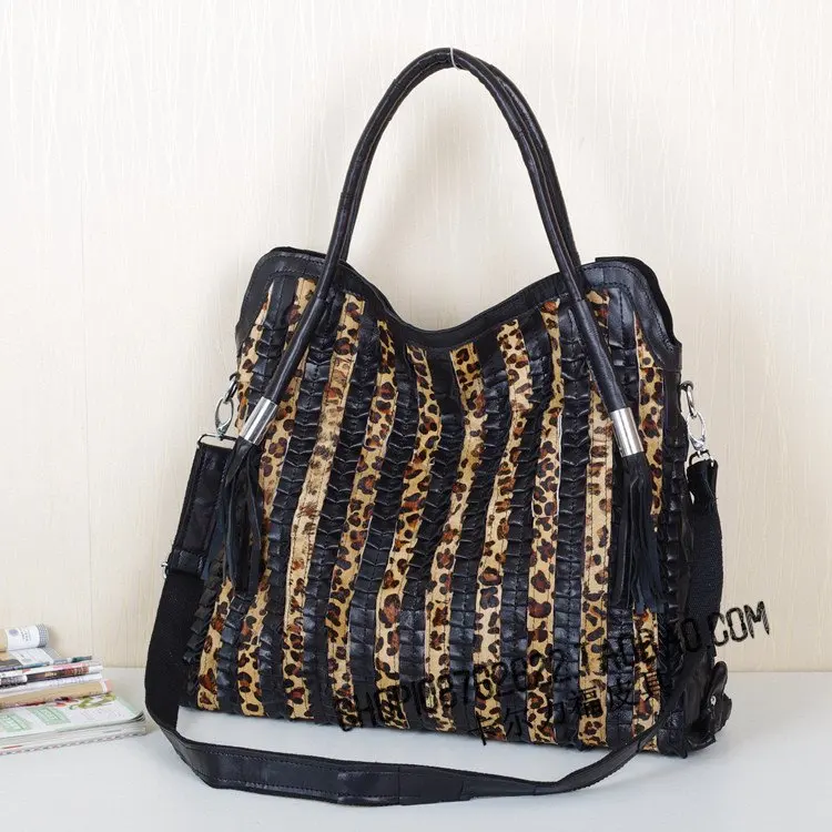 Caerlif натуральная кожа Леопардовый принт конский волос Лоскутная большая сумка с кисточками женская сумка - Цвет: Черный