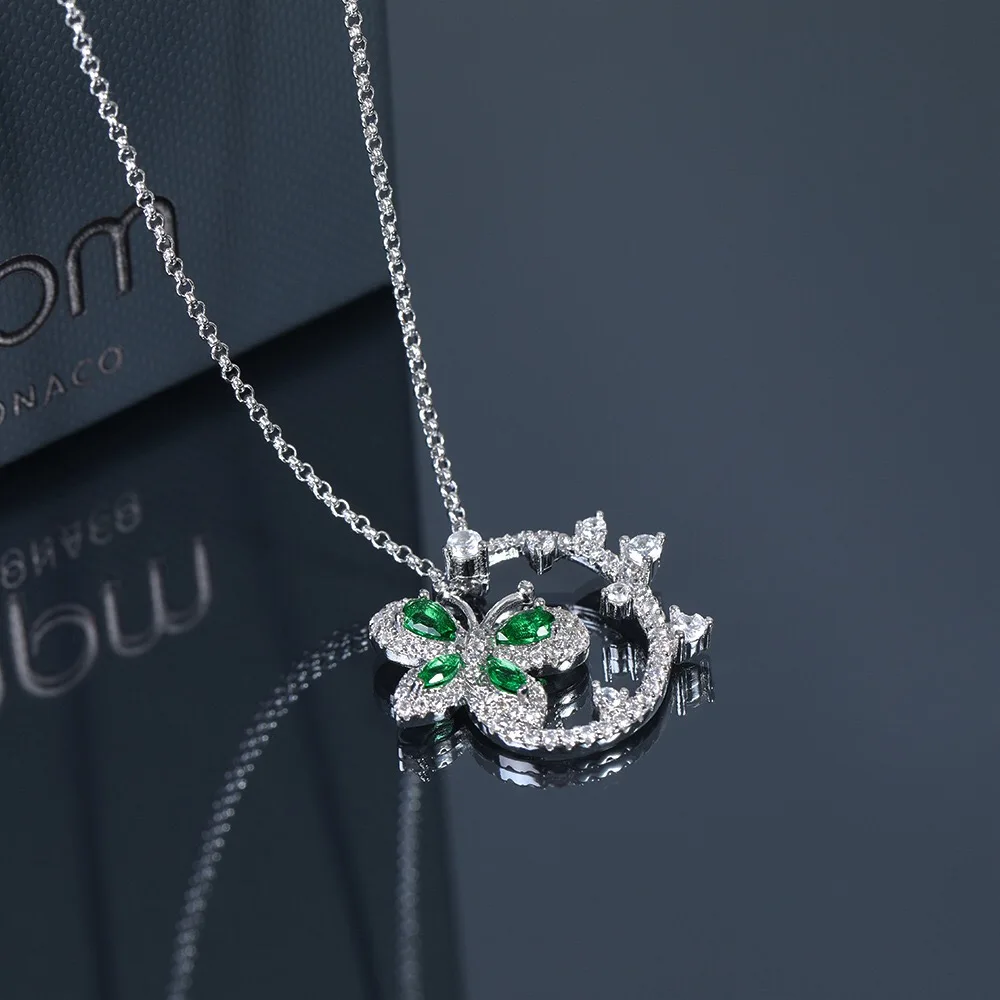 Новое поступление, ожерелье из стерлингового серебра 925 пробы с зеленым кристаллом в виде бабочки, фирменное Оригинальное тонкое ожерелье для женщин и девушек