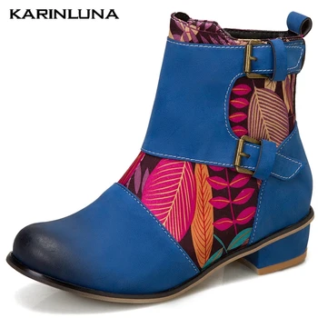

Karinluna New Plus Size 43 Chunky Heels Patchwork Autumn Winter Shoes Ankle Boots Women