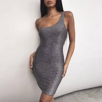 

Fashion Trend Women One shoulder Shinny Tank Sequined Sparkle Sleeveless Bodycon Evening Party Clubwear Slim Short Mini Dress
