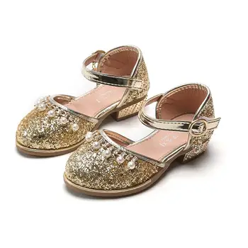 

Children Princess Sandals Kids Girls Wedding Shoes High Heels Dress Shoes Bowtie Gold Girls party sandals