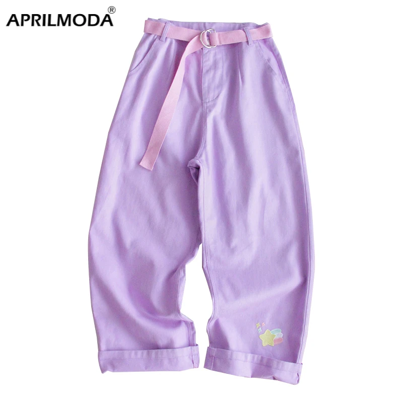 

Korean Kawaii Girls Wide Leg Trousers Harajuku Cartoon Embroidery Denim Pants Women Japanese High Waist Cute Casual Purple Pants