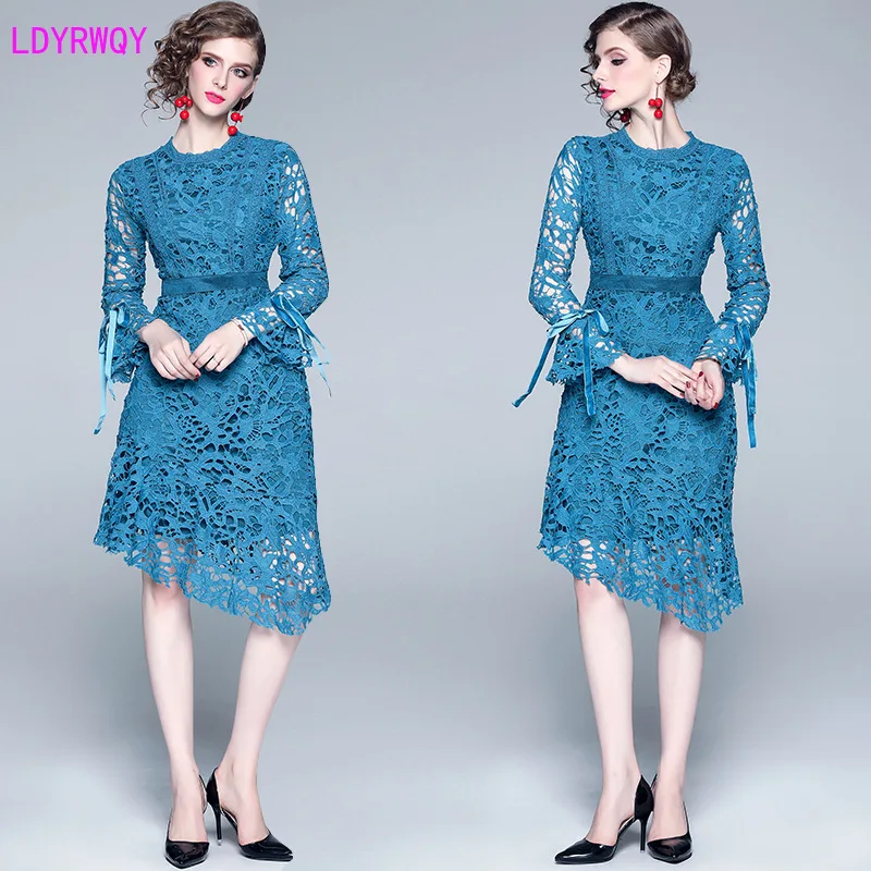 

2019 new fashion hot-selling bag hip sleeve irregular ruffled fishtail hollow water soluble lace dress