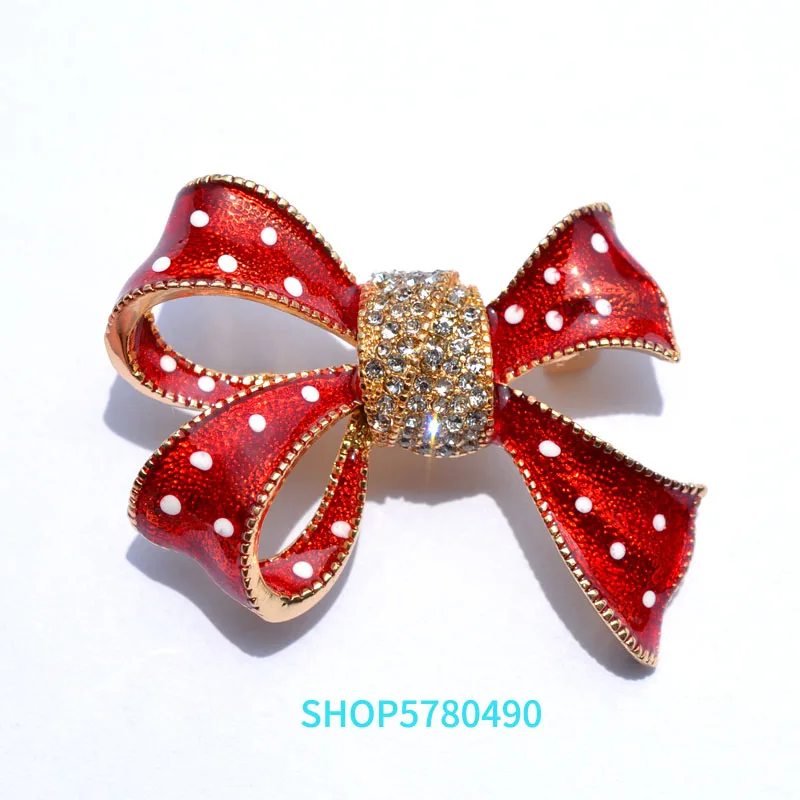 Fashion Jewelry Red Color Ribbon Rhinestone Brooches for Women Elegant Enameled Pin Lady Christmas Gift Holiday Dress Decoration