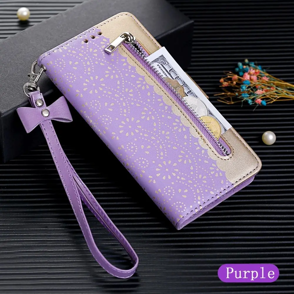 Light Purple Роскошный кружевной бумажник с застежкой-молнией чехол для samsung J6 J4 плюс ЕС A6 A7 A8 A20 A20e A30 A40 A50 A70 флип-кожа защитa крышка - Цвет: Light Purple