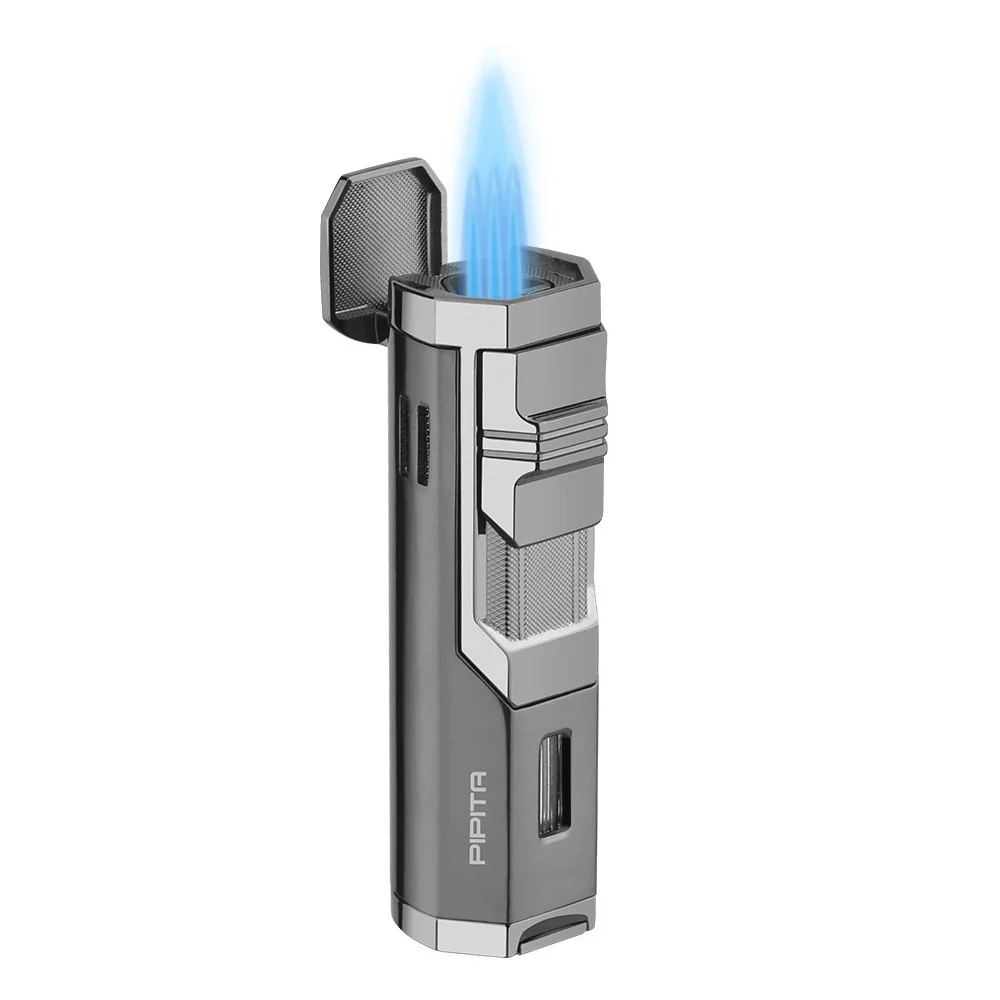 PIPITA Cigar Lighter Windproof Refillable Butane Torch Turbo Lighter 3 Jet Flame clipper Lighters Punch gas Cigarette