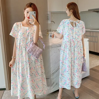 

9510# Summer Korean Fashion Maternity Long Dress Sweet Floral Printed Pleated Loose Clothes for Pregnant Women Pregnancy Wear