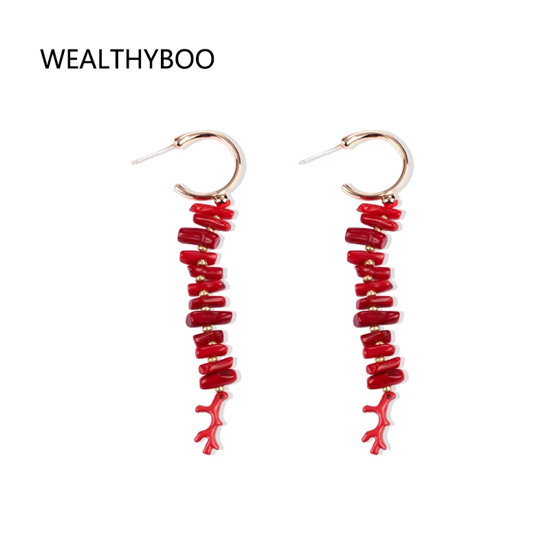 Red Coral Dangle Earrings Bohemia