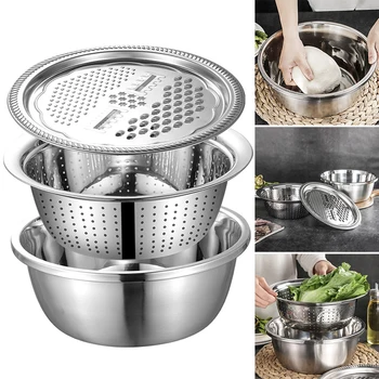 

3 PCS Stainless Steel Strainer Colander Vegetable Sieve Salad Bowl Grater Set Multifunctional Stainless Steel Salad Pot Filter