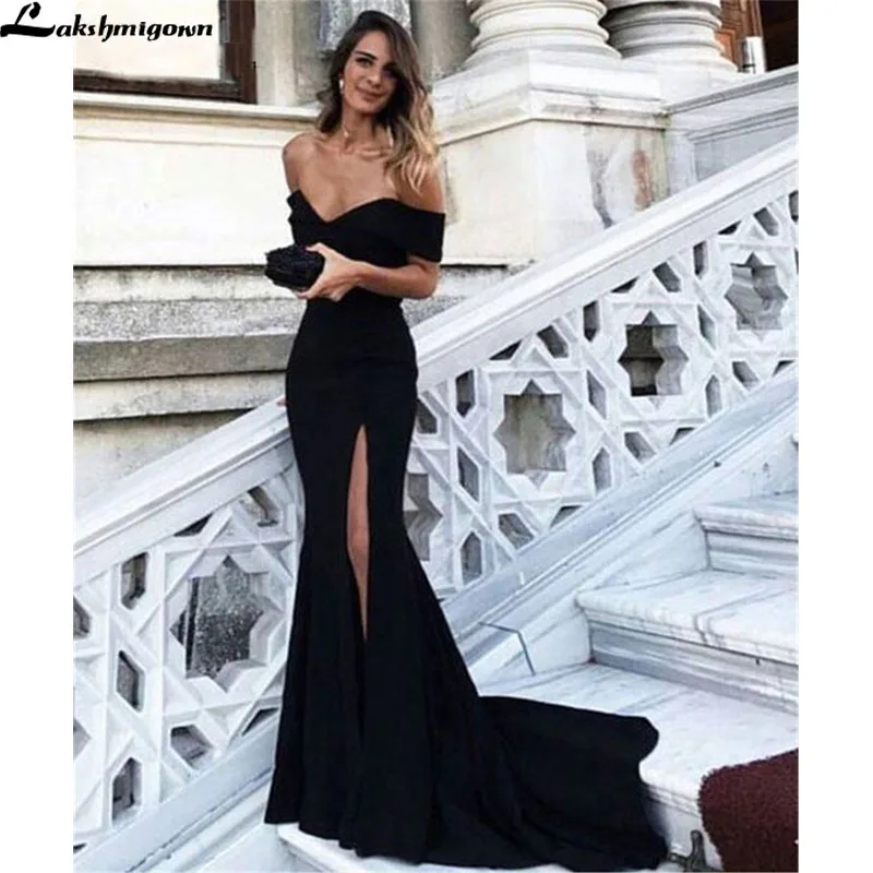 Lakshmigown вечернее платье Русалочки с высоким разрезом с открытыми плечами с коротким шлейфом Черное длинное выпускное платье vestido fiesta largo