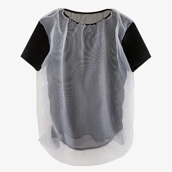 

Women Gray Mesh Split Joint False Two T-shirt New Round Neck Short Sleeve Fashion Tide Spring Summer 2020 U243