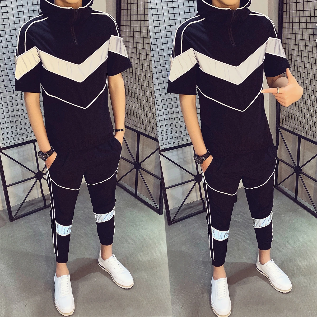 

Causal Hip Hop Set Short Sleeve Hooded T-shirt + Pant Moda Hombre Spring Tracksuit Men Personality Print Track Suit 2 Pieces