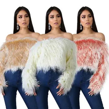 

Winter Women Sexy Off Shoulder Faux Fur Crop Top Changing Color Slash Neck Long Sleeve Sweater Fashion Tops F1