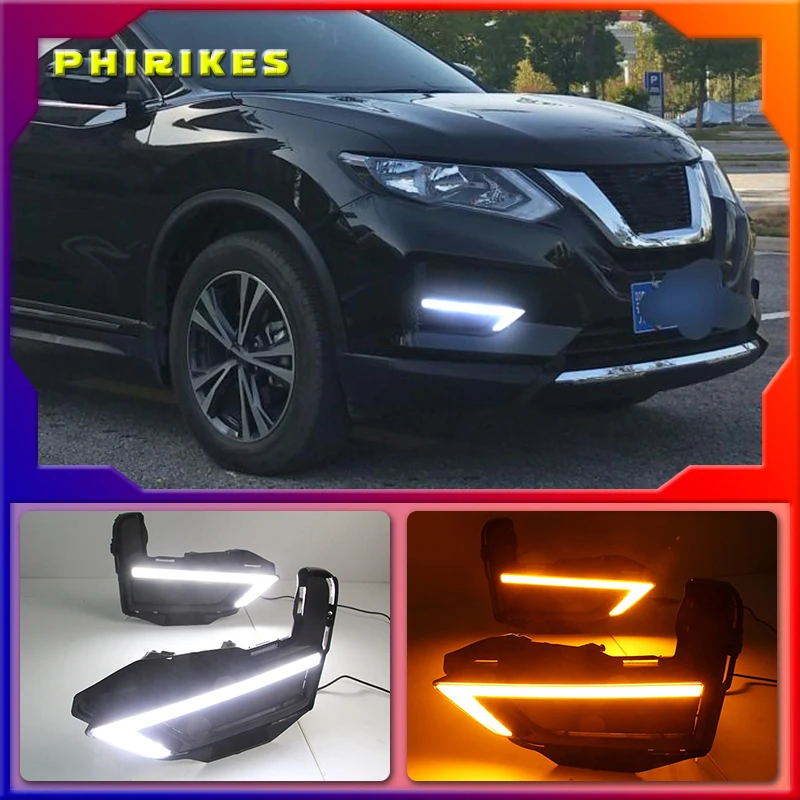 

1Pair DRL For Nissan X-Trail Xtrail X trail 2017 2018 2019 Daytime Running Lights fog lamp cover 12V Daylight with yellow signal