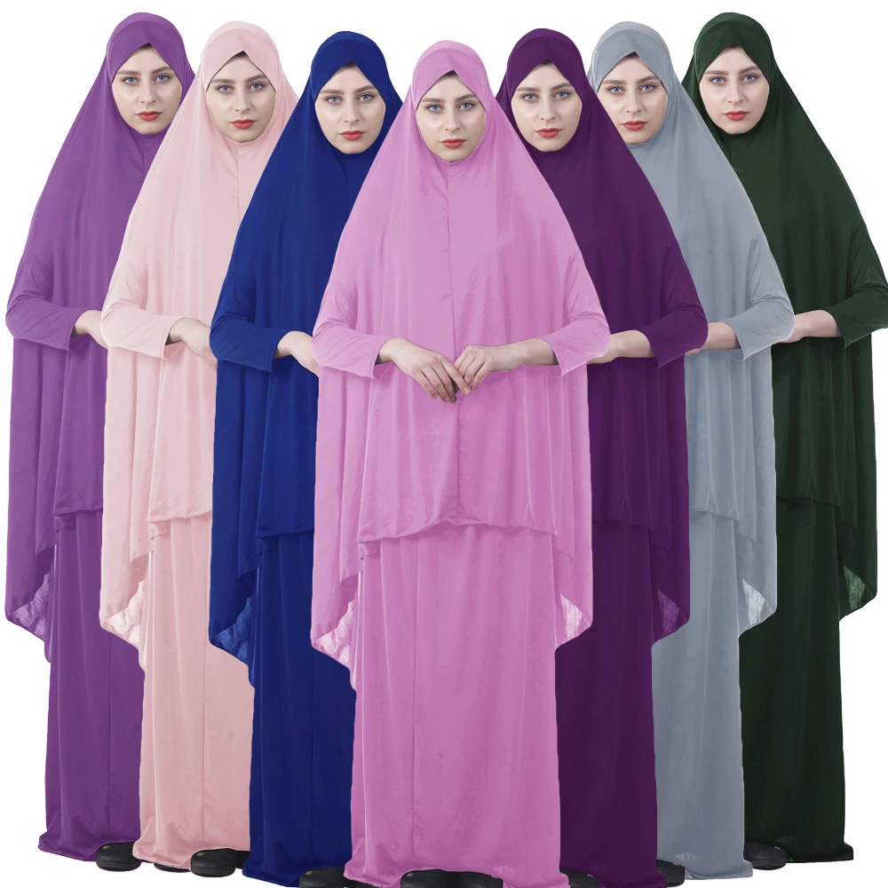 

2 Pieces Abaya Muslim Women Jilbab Arab Set Prayer Dress Khimar Maxi Hijab Skirts Ramadan Kaftan Overhead Burqa Worship Service