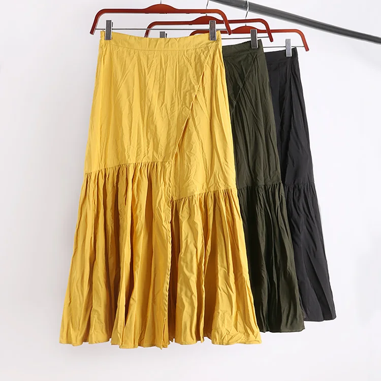Зимняя плиссированная юбка миди с разрезом асимметричное, желтое, черное, армейское, зеленое, для женщин, эластичные юбки с высокой талией для женщин