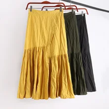 Зимняя плиссированная юбка миди с разрезом асимметричное, желтое, черное, армейское, зеленое, для женщин, эластичные юбки с высокой талией для женщин