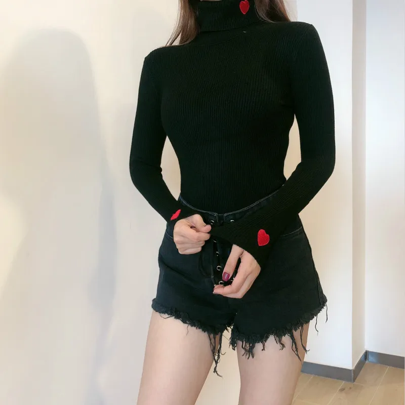 XIBUSANA 2020 Autumn New Love Embroidery Turtleneck Sweaters Wowmen Solid Slim Long Sleeve Casual Pullovers Knitted Tops Female