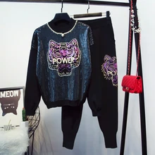 Новая мода осень зима женские Тигр с длинным рукавом со стразами вязаный свитер+ трикотажные брюки комплект из двух предметов женские брюки