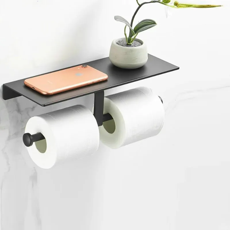 

Black Paint Double Paper Holder Wall Mounted Bathroom Accessories Phone Rack Toilet Shelf Space Aluminum Material