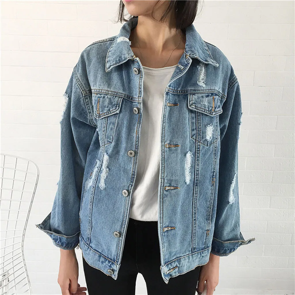 

Lady denim jacket Women's Loose BF Style Retro Denim Jacket Motorcycle Punk Ripped Hole Coat Outwear T731
