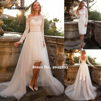 

2020 Boho Wedding Dress Long Sleeves Lace Bateau Neckline Belt Detachable Skirt Two Pieces Vestido De Noiva Robe Mariage Online