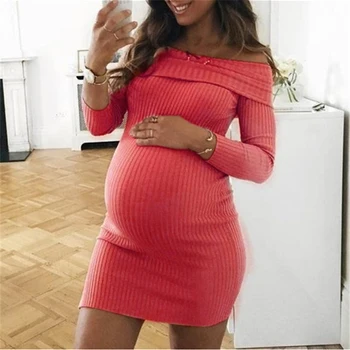 

2019 Spring New Style Women's Pregnancy casual slash neck Mini Dress Maternity long Sleeve Clothes Female Dresses Vestidos