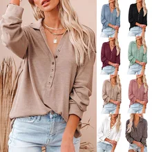 

2021 autumn and winter new women lapel half-open button loose casual top ladies