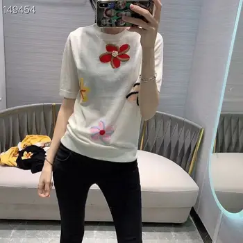 

Spring New Women Pullover Fashion Wool Loose Casual Short Sleeve Floral Embroidery White / Black / Yellow Top Hot Shirt 2020