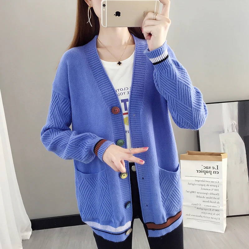 6 Colors Kintted Women Sweater Loose Pockets V-neck Long Sleeve Cardigan Knitwear Fashion Autumn Winter Sweaters Black Blue Red 6 Colors Kintted Women Sweater Loose Pockets V-neck Long Sleeve Cardigan Knitwear Fashion Autumn Winter Sweaters Black Blue Red