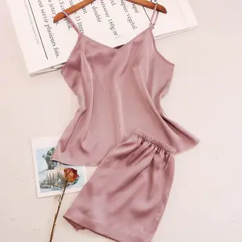 

2020 Sexy Pajamas For Women Silk Lace Satin Pajamas Two Piece Set Lingerie Solid Color Leisure And Comfort Sleepwear