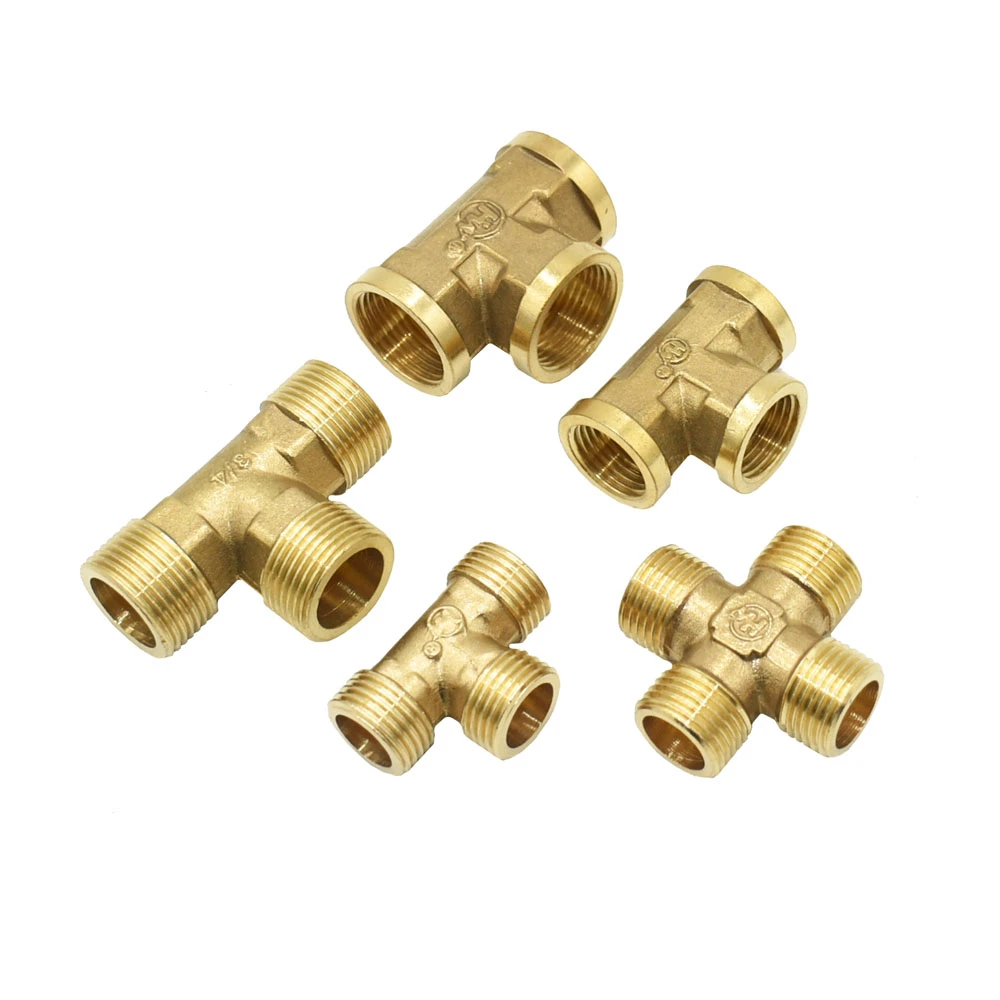T-shaped 1/2 3/4 Inch Copper Metal Threaded Water Pipe Connector Brass 1/2 3/4 Male Female Tee Connectors Cross Water Splitter