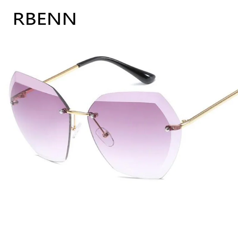 

RBENN Luxury Fashion Rimless Sunglasses Women Brand Designer Oversized Sun Glasses For Ladies Dimond Cutting Colorful Lens Shade
