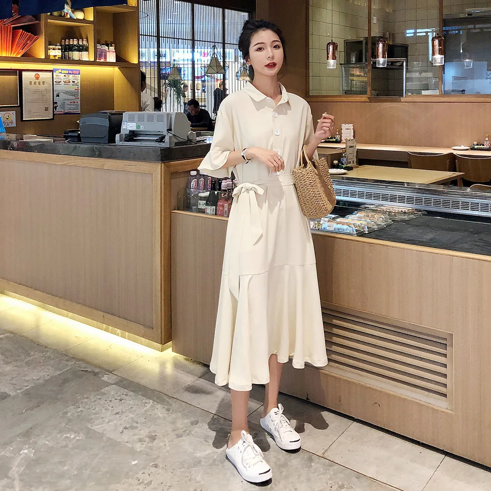 

France Non-mainstream Fishtail Skirt 2019 Summer New Style WOMEN'S Dress French Retro Laziness-Style Single Breasted Shirt Dress