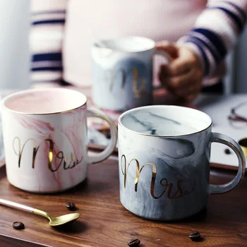 

Ceramic Mug Marble Pattern Mr Mrs Printed Couple Cup Breakfast Juice Milk Cups(without Spoon)