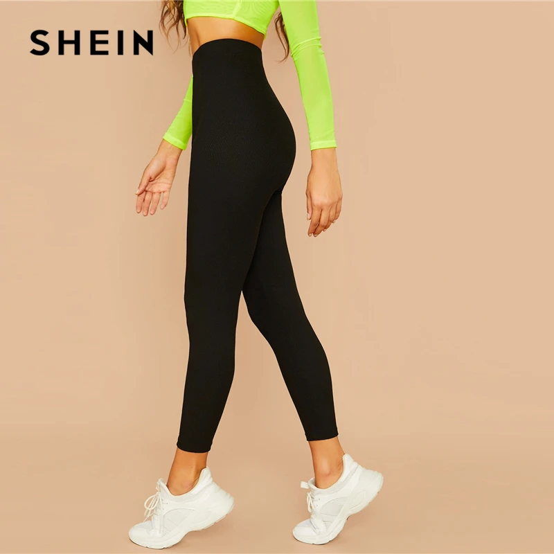 SHEIN черные однотонные ребристые трикотажные обтягивающие стандартные леггинсы женские штаны осенняя одежда для активного отдыха эластичные укороченные повседневные брюки