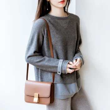 

Sweaters For Women 2020 Cashmere Loose Round Neck Casual Stitching Autumn And Winter New Wool Outer Knitted Short Bottoming