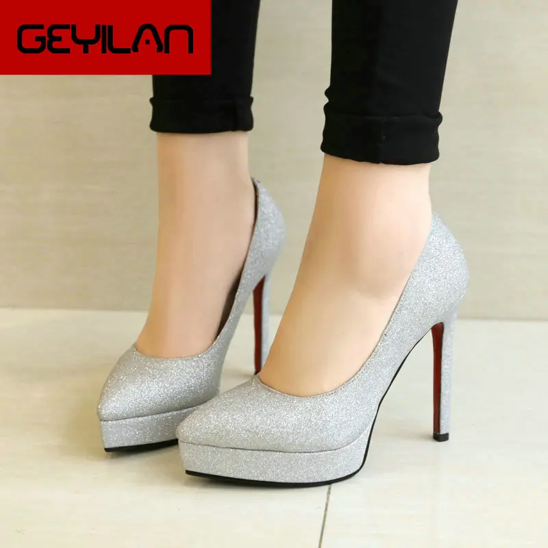 

Women Sequined Platform Pumps Sexy Thin High Heels Slip On Pointed Toe Spring Autumn Party Dress Ladies Shoes Gold Silver