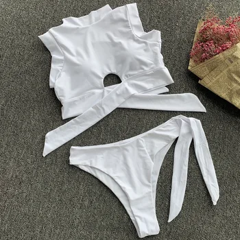 

String Bikini 2019 Thong High Neck Bikini Backless Crop Top Women Sexy Push Up Swimsuit White Front Knot Thong Bathing Suit S-L