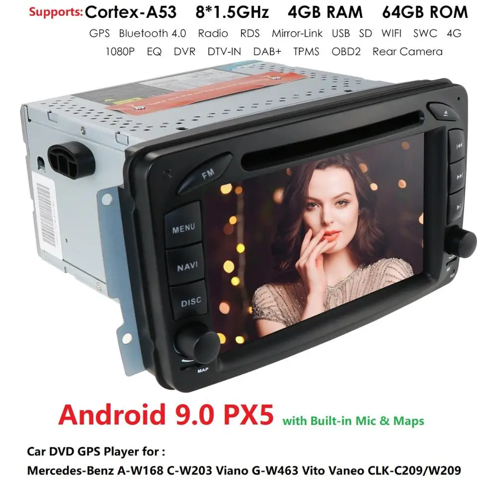Top 2DIN Android 9.0PX5 Octa core 4GRAM+64GROM GPS Navigation for Mercedes-Benz A-W168 C-W203Viano VitoW209Support SWC WIFI 1