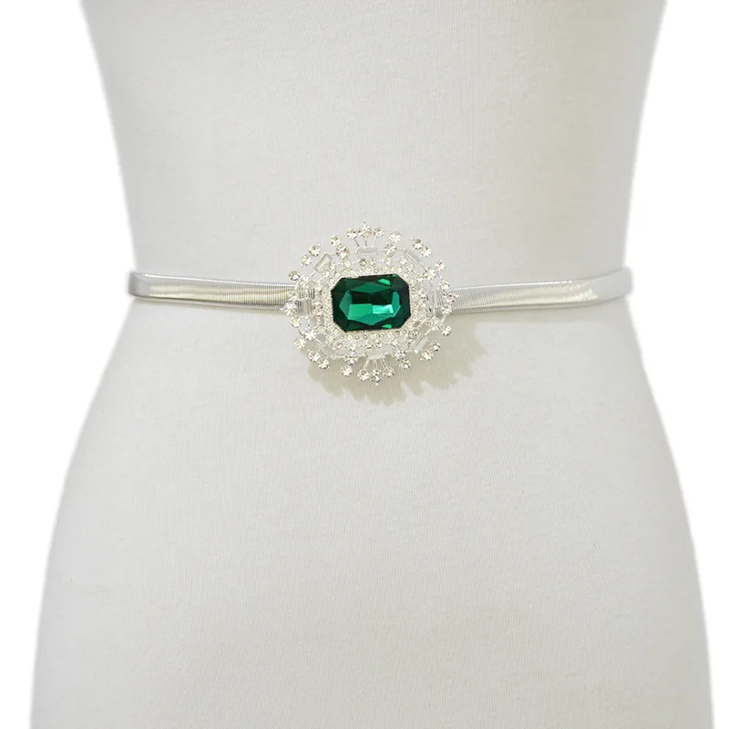 

Luxury Brand 2020 New Ladies Metal Spring Waist Chain Fashion Wild Green Rhinestone Inlaid Elastic Chain Thin Belt Bg-1500