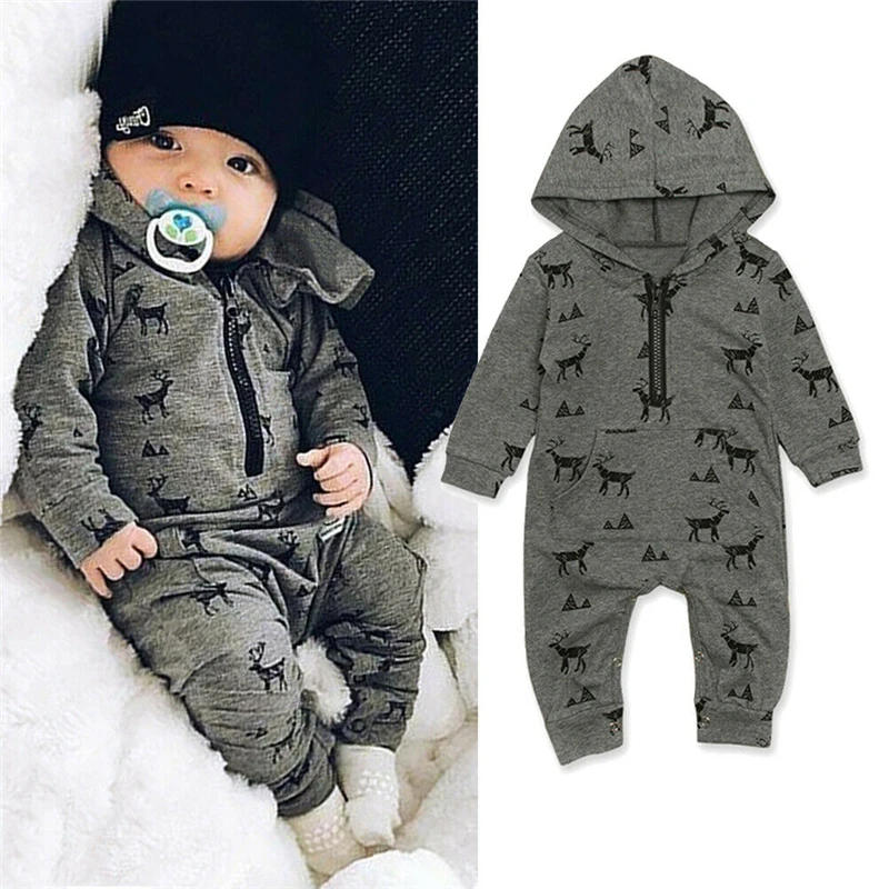 Newborn Baby Boy Girls Romper Hoodie Long Sleeve Jumpsuit One-Piece Pajamas Fall Outfits with Zipper Pockets 0-18M Aton D