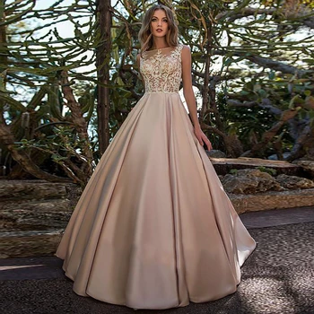 

Amazing Champagne Satin Bateau Neckline See-through Bodice A-line Wedding Dresses Lace Applique Button Down Bridal Dress