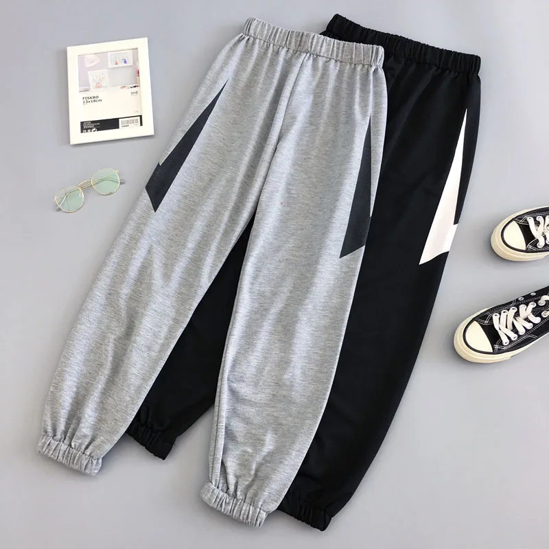 

Women Jogger Pants 2019 New Spring And Autumn Lightning Pattern Female Ankle-Length Pants Student Teenager Girls Gray White N44