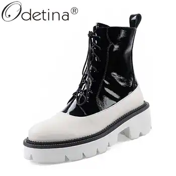 

Odetina Women New Cow LeatherRivet Mixed Colors Cross-tied Short Boots Block Mid Heel Round Toe Platform Side Zipper Ankle Boots