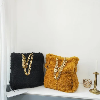 

Large Capacity Shopping Bag Thick Chain Plush Woven Tote Shoulder Bags Luxury Design for Woman Bags Brand 2020
