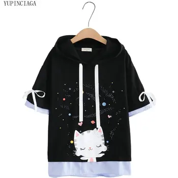 

Women Hooded Sweatershirts Harajuku Japan Style Cute Cartoon Cat Print Cotton Hoodies Short Sleeve Loose Pullover Tracksuits