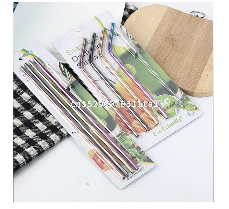 10sets Color Stainless Steel Straw Set Mirror Polished Sucker Beverages Curved Straw Drinks 4 Straw and 1 brush