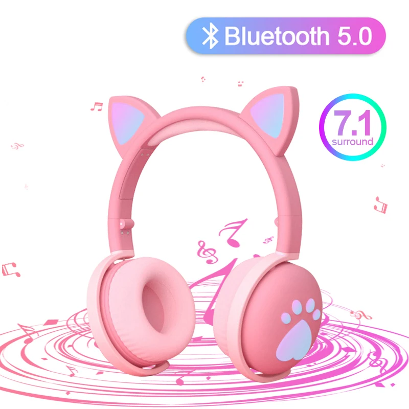 

Bluetooth Headphones Glowing Cute Colorful LED Cat Ear Paw Girls Gift Kids Headset Wireless HIFI Stereo Bass 3.5mm Plug With Mic