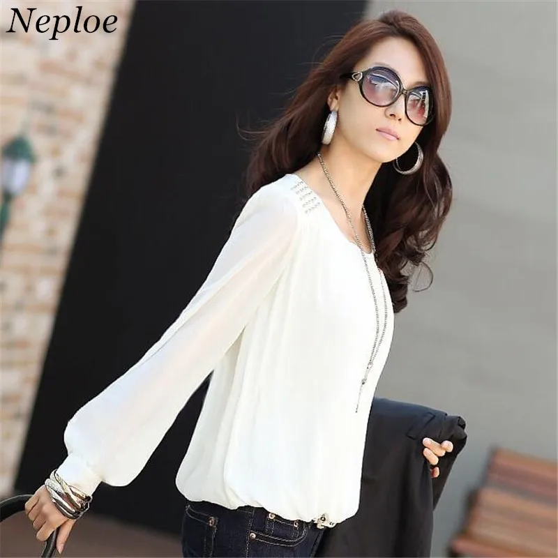Neploe Blouses Women Plus Size 4XL Shirts Blusa Rivet White Black Ladies Tops Shirt Korean Work Wear Puff Sleeve Blouse | Женская одежда